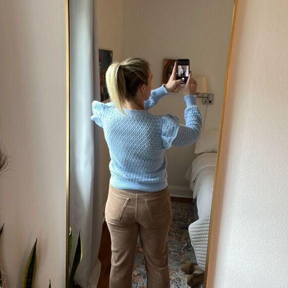 Ann Taylor Loft Sweater Womens Small Blue Ruffle Shoulder - Picture 4 of 7